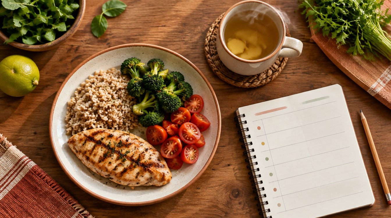 Plato servido, té y el menú de la semana sobre la mesa